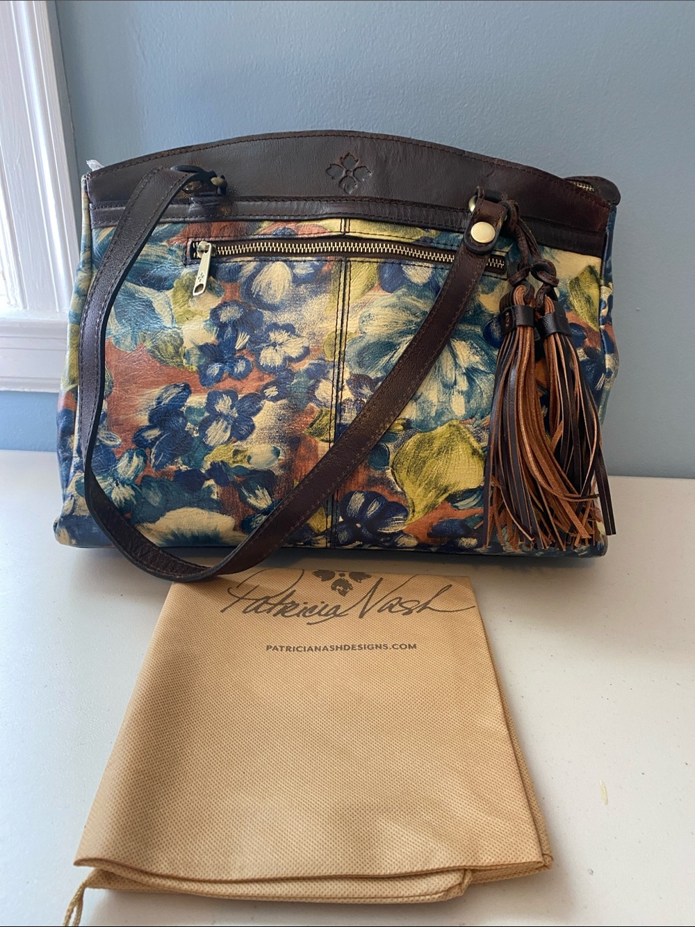 Patricia Nash Blue Floral Poppy Tote Bag with Brown Leather Trim